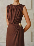 New Women's Folded Wrinkles Sleeveless Long Dress Stylish Metal Decorative Solid Color