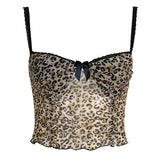 Toloer Hot Girl Leopard Print Mesh Gauze Bow Sling V Collar Lace Stitching Slim Wooden Ear Vest-Outfit