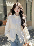 Toloer White Lace Splicing Shirt Women's New Spring 2025 Design Sense Age-Reduce T-Shirt