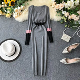Women Autumn Winter Sweater Dress Fashion Patchwork V Neck Slim Elastic Dress Warm Bodycon Pullovers Knitting
