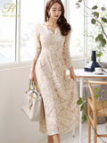 Han Queen Temperate A-line Lace Dress Women Spring Full Sleeve Long Swing Dresses OL Special Occasion Evening Party Vestidos-Outfit