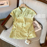 Chinese Style Oblique Cardigan Button Jacquard Sleeveless Shirt Women 2024 Summer National Style Retro Foreign Style Improved Cheongsam Blouse-Outfit