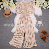 Toloer Summer Women's Wear 2023 New Temperament Wave Point V Neck Show High Waist Casual Wide Leg Jumpsuit