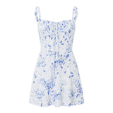 Women Elegant Flower Print Low Cut Tie-Up Sleeveless Cami Bodycon Corset Short Dress Summer Backless Party Clubwear-Outfit
