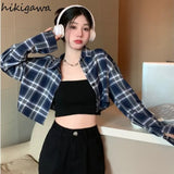 Crop Tops Blouse for Women Korean Casual Plaid Shirts High Waist Long Sleeve Loose Blouses 2023 Blusas Mujer De Moda