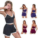 Toloer Girl Summer V Neck Sling Lace Sexy Home Clothes Suit-Outfit