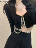 Temperament Skirt Outfits Chic Korean 2 Piece Set Women's Clothing Tunic Long Sleeve Diamond Crop Coat Bodycon Mini Skirts