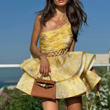 Temperament Sweet Wind Dress Women's New Summer 2025 Summer New Fashion Slanted Shoulder Hollow Waist Design Print