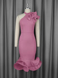 Half-High Collar Lotus Leaf-Side Dress Sided Shoulder Lotus Hem Banquet Evening Dress
