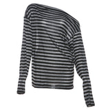 Toloer 2024 New Women's Commuter Unique Cut Diagonal Collar Off-Shoulder Striped Long Sleeve Top-Outfit