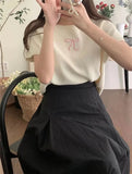 Round Neck Bow Print Short Sleeved Knitted Top-Outfit