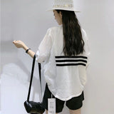 Striped Patchwork Midi Blouse Three Quarter Spring Summer Women's Clothing V-Neck Casual Single-breasted Loose