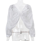 White Lace Mesh 3d Flower V-neck Long Sleeve Crop Top-Outfit