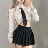 Toloer Autumn 2023 New Women's Solid Color Slim Collar Fashion Tie Crop Long Sleeve T-Shirt-Outfit