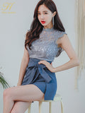 Han Queen Hot sale Summer Korean New OL Elegant Lace Hollow Out Tops + Bow Bandage Bodycon Mini Skirt 2 Pieces Suits Sexy Set-Outfit