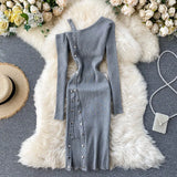 Shoulder Strap Dress Women Sexy Fashion Split Bodycon Dress Autumn Winter Elegant Off Shoulde Elastic Knitter