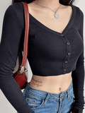 Ribbed Long Sleeve Button Crop Top-Outfit