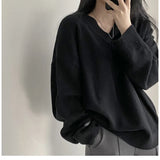 Dark Academia Solid Color V-Neck Pullover Sweater-Outfit