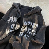 New Retro Do Old Letters Printed Zipper Hoodie Cardigan Women's Trend Lazy Wind Hundred With Sweatshirt Couples Casual