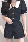 Fahsion Shorts Set Women 2023 New Summer Pearl Buttons Lapel Puff Sleeve Short Shirt And Wide Leg Shorts Two-Piece