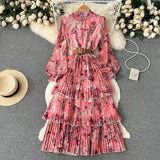 Collar Net Long-Sleeved Lotus Leaf Edge Printing Waist Fluffy Pendulum Dress Female Spring And Autumn Lantern Sleeve Cake Dress-Outfit