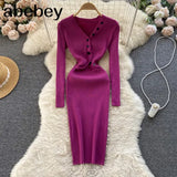 Hollow Out Women Korean Knitted Dress Long Sleeve Elastic Slim Pencil Dresses 2022 Autumn Sexy Bodycon Sweater