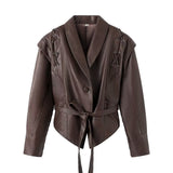 Early Spring New Women's Retro Coffee Brown Leather Coat