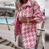 Simplee Casual houndstooth women long coats autumn Office long sleeve ladies top coat jackets Za fashion shirt collar