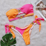 Toloer Sexy Crystal Diamond Bikini Detachable Breast Pad Swimsuit Patchwork Strapless Strap Split