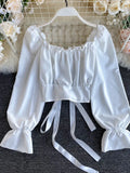 Casual Women Bandage Blouse Sext Square Collar Flare Long Sleeve Short Shirt Vintage White/Black Tops New Fashion Blusas