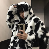 Winter Women Fleece Jackets Furry Teddy Coat Women Harajuku Milk Cow Print Faux Fur Jacket Vintage Hip Hop Warm