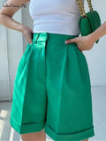 High Waisted Wide Leg Shorts Women Pocket Pleated 2022 Summer Casual Shorts Solid Straight Ladies Green Wide