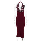 Burgundy Large Collar Halter Midi Dress-Outfit