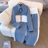 Splicing Fashion Casual Set Spring And Autumn New Long Sleeve Top + Broad Legs Long Pants Two