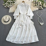 Heavy Industry Embroidery Hook Flower Lantern Sleeves To Close The Waist Dress Female High-Grade Feeling Thin Temperament Reduce The Age Of The Long