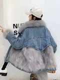 2022 Women Winter Fashion Thick Faux Fox Fur Jackets Female Patchwork Denim Coats Ladies Long Sleeve Loose Warm
