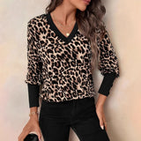 Leopard-Print Long-Sleeved V-Neck Blouse