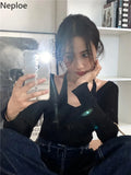 Women Cropped Sweater Korean V Neck Y2K Tops Pullover Halter Off Shoulder Sweaters Long Sleeve Fake Two Piece