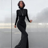 Toloer Autumn Winter Hot Girl High Collar Long Sleeve Collect Purse Hip Sexy Slim Fishtail Dress Women's Clothing-Outfit