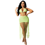 Toloer New Women's Solid Color Knit Sexy Strapless Tassel Beach Dress-Outfit