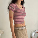 Korean Fashion Ribbed T-shirts Grunge Tie Dye Knitted Crop Tops Sexy Slim Short Sleeve Tee Shirts Vintage Streetwear