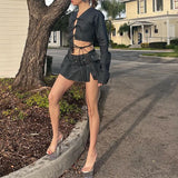 Toloer Women's Vintage Cardigan Long-Sleeved Top Street Denim Style Sexy Short Skirt Suit Girl-Outfit
