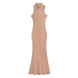 Trendy Women's Dress Is Full Of Style, Elastic, Slim, Half-High Collar, Sleeveless Vest, Long Skirt, Buttocks, Fishtail Dress-Outfit