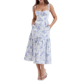 Women Floral Printed Dress y2k Aesthetic Square Neck Low Cut Split Bustier Long Dress Slim Fit Beach Sundress Summer