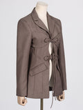 Toloer Spring Fashion Sexy V-Shaped Tie Hollow Out Waist Irregular Splicing Design Sense Suit Jacket Female-Outfit