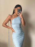 Sexy Women‘s Bodycon Long Dress Solid Color Slant Shoulder Drawstring Backless Ruched Detail Skinny Party vestido-Outfit