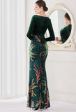 Winter Elegant Velvet With Sequins Deep V Neck Long Sleeve Slit Cocktail Eevening