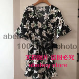 Women Rompers casual wide leg pants overalls short sleeve v neck solid playsuits summer beach chiffon ruffle
