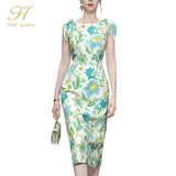 Han Queen Elegant Fashion Print Slim Office Pencil Dress Women's Korean Sheath Pencil Dresses Mid-Calf Party Bodycon Vestidos-Outfit