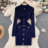 Women's Casual Turtleneck Long Sleeve Bodycon Hollow Out Buttons Mini Bandage Dress Elegant Party Street